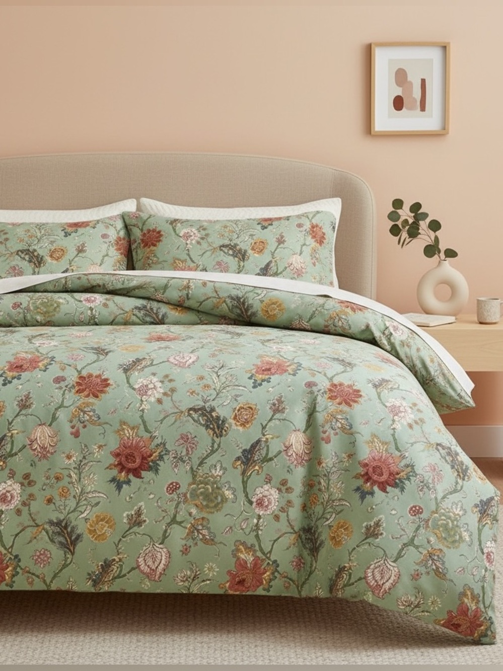 NEW Anthro Green Floral Queen / King Size Boho Retro Duvet Bedding Sham Case Set